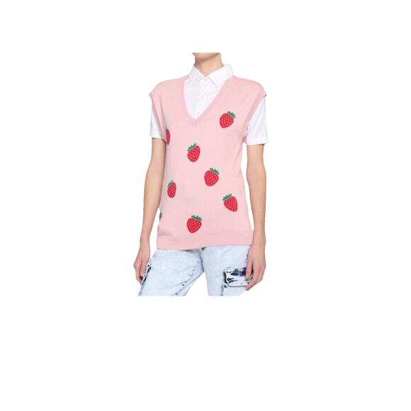 Womens Hot Topic Pink Strawberry Sweater Vest Small Preppy Academia Y2K Clueless - Picture 2 of 9